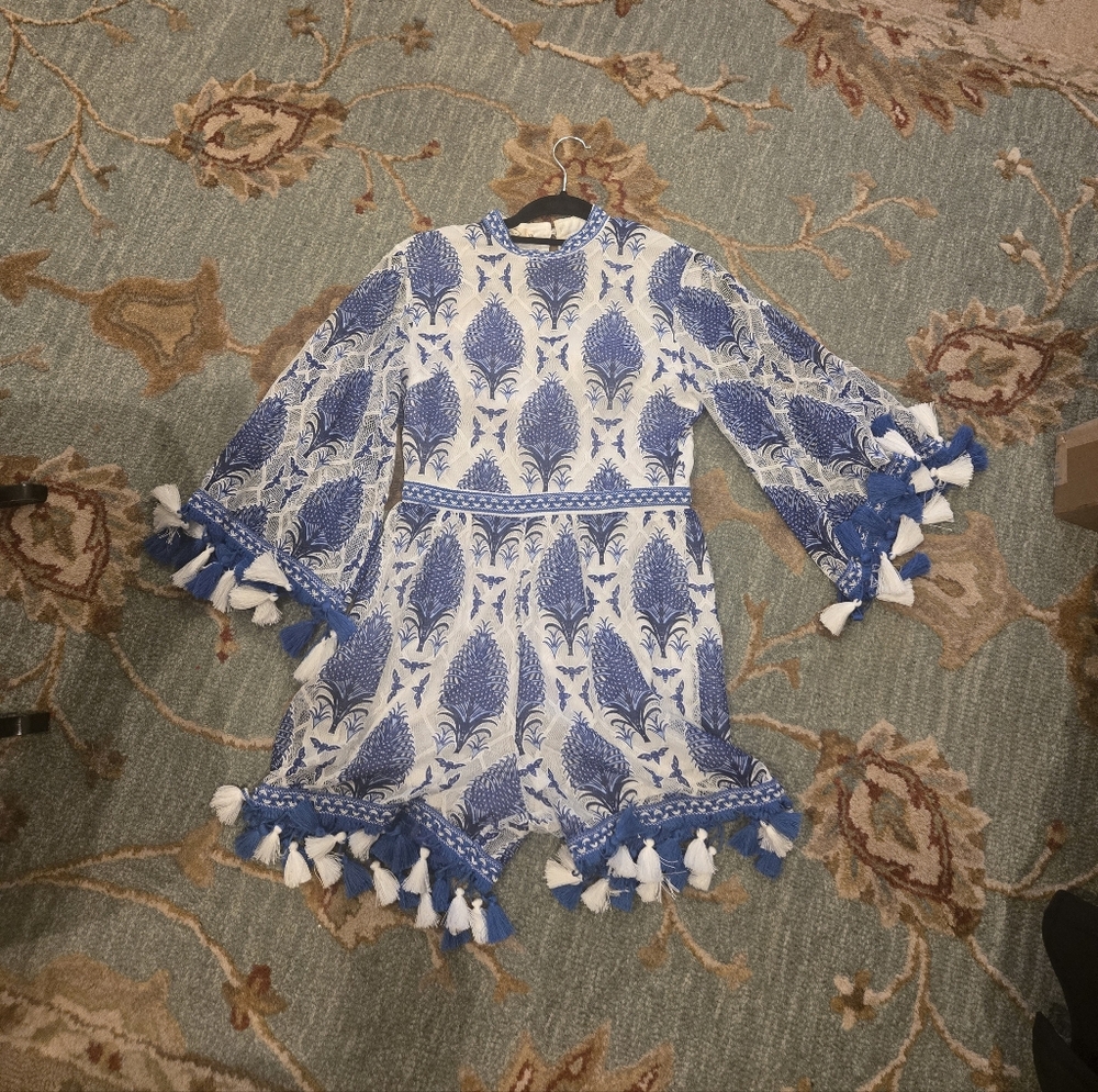 Blue and White Patterned Dress with Tassels